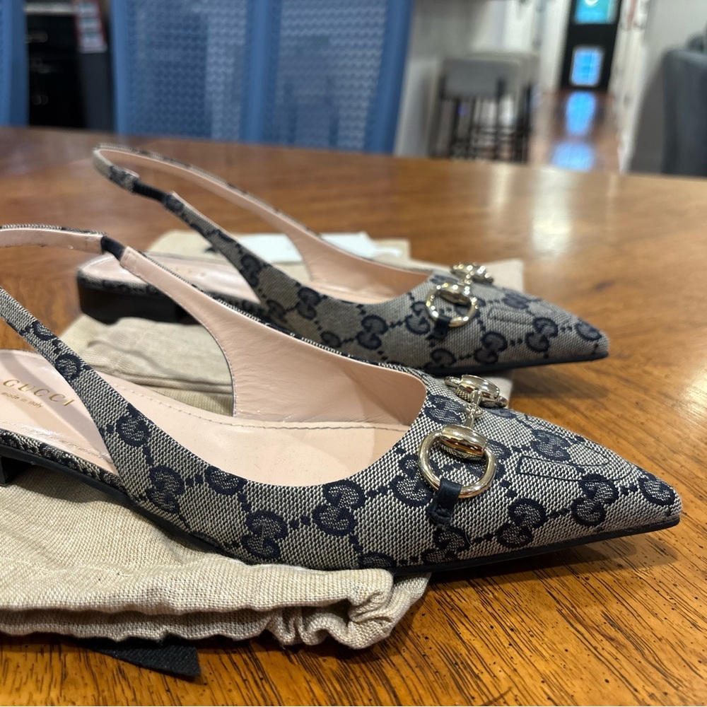 Gucci Women's GG Canvas Navy Slingback Flats - Picture 5 of 13